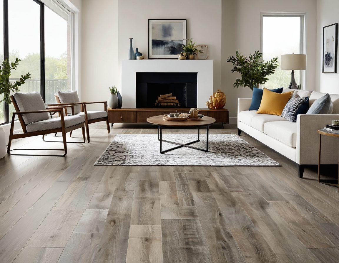 A beautiful room showcasing various Mohawk flooring options, adorned with stylish furniture and vibrant decor that reflects different design aesthetics. Include a cozy living area with hardwood, a modern kitchen with laminate, and a chic bedroom with carpet, all harmoniously blended in one space. Bright, natural lighting streams through large windows, enhancing the rich textures of the flooring. super-realistic. vibrant colors. white background.