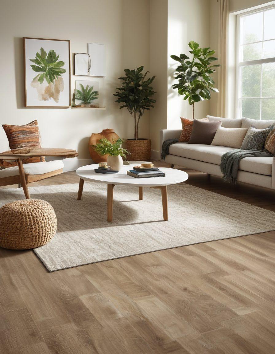 A modern living room featuring Mohawk's eco-friendly flooring, showcasing natural wood textures and vibrant area rugs. Add plants for a touch of nature and a window with ample sunlight streaming in, illuminating the space. Include stylish furniture with a minimalist aesthetic and a hint of luxury, reflecting the theme of sustainable living. super-realistic. vibrant colors. soft natural lighting.