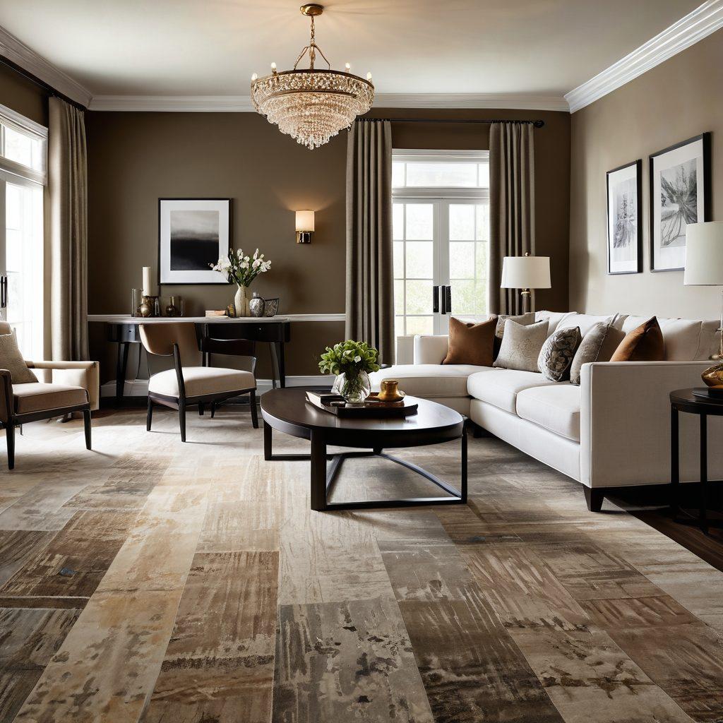 A visually detailed room showcasing a variety of flooring options, including plush carpets and luxury vinyl, elegantly arranged in a stylish living space. Incorporate swatches or samples of patterns and textures, along with a subtle backdrop of furniture and decor to highlight the flooring choices. Warm and inviting lighting enhances the scene, emphasizing comfort and elegance. super-realistic. vibrant colors. modern interior design.